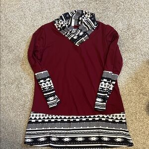 Burgundy Tunic Dress with Black and White Tribal Accents